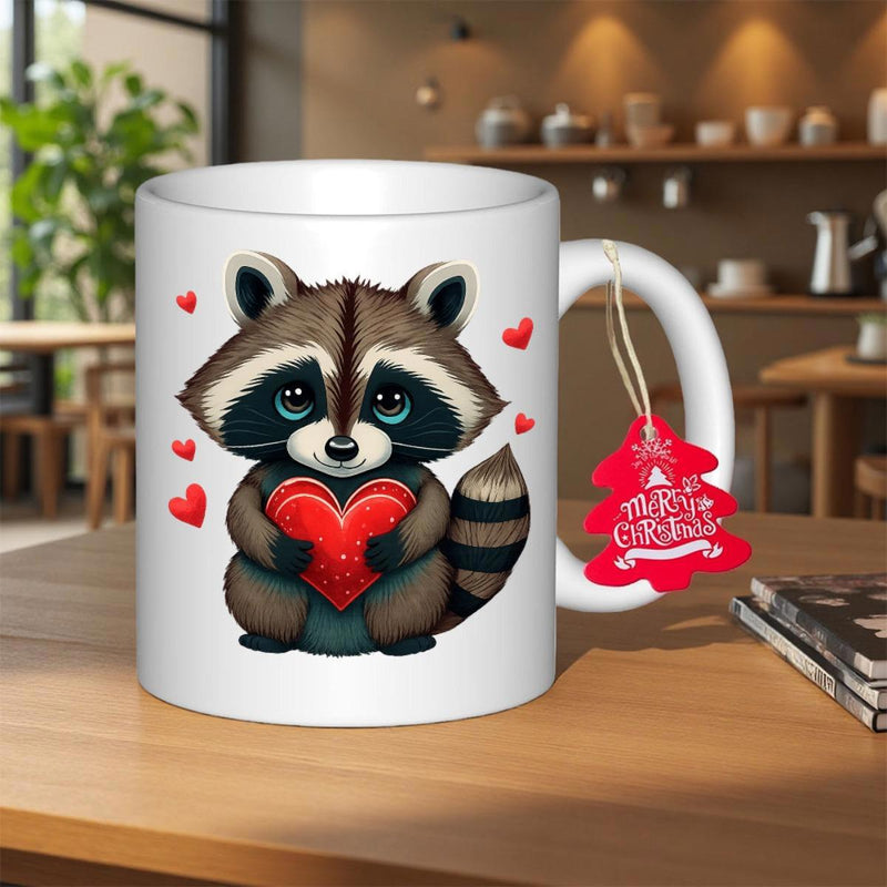 Tailorly White Ceramic 11 oz Mug - Merry Christmas Cute Cartoon Character Holding A Bright Red Heart Surrounded By Tiny Red Hearts Raccoon