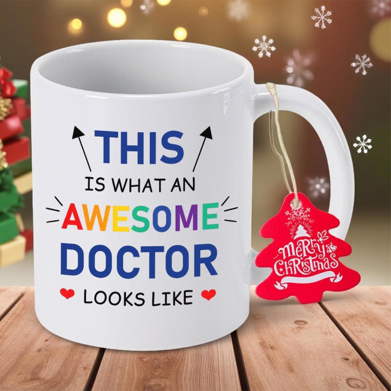 Tailorly White Ceramic 11 oz Mug - This Is What An Awesome Doctor Looks Like Merry Christmas Clean With Colorful Vibrant Text And Decorative Heart Accents Mug