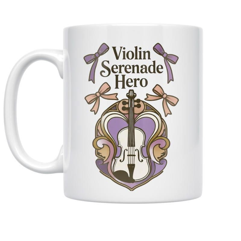 Tailorly White Ceramic 11 oz Mug - Violin Serenade Hero Elegant Vintage Musical Instrument Surrounded By Decorative Bows And Artistic Ornate Frame Violin