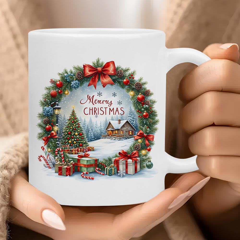 Tailorly White Ceramic 11 oz Mug - Merry Christmas Festive Pine Wreath With Glowing Lights And Snowy Cabin Wreath