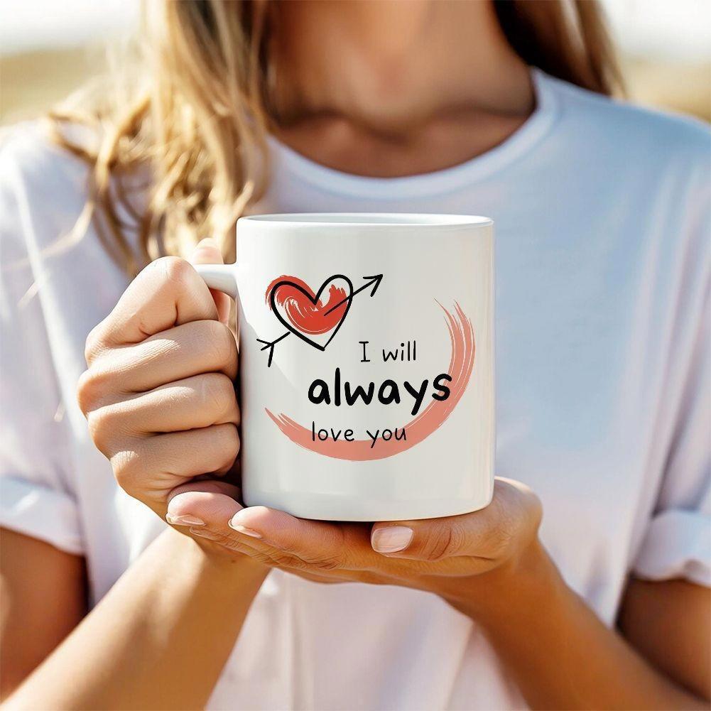 Tailorly White Ceramic 11 oz Mug - I Will Always Love You Hand Drawn Heart Pierced By Arrow With Pink Pastel Brush Stroke Mug