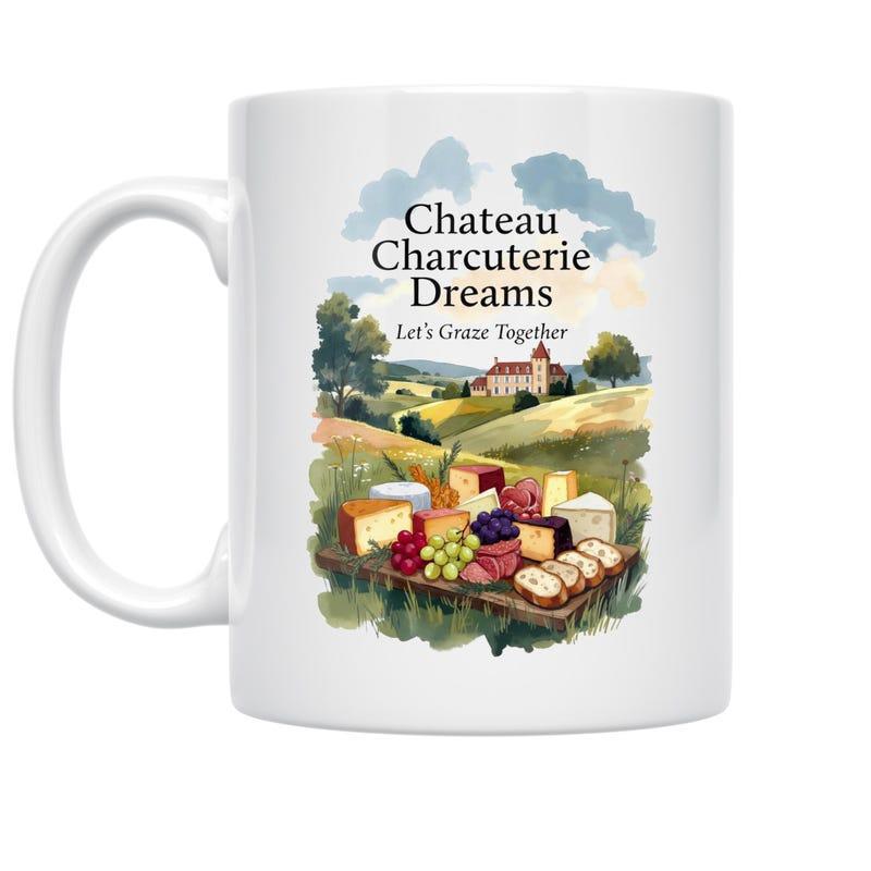 Tailorly White Ceramic 11 oz Mug - Chateau Charcuterie Dreams Lets Graze Together Scenic Watercolor Landscape With Gourmet Cheese And Grapes Beside A French