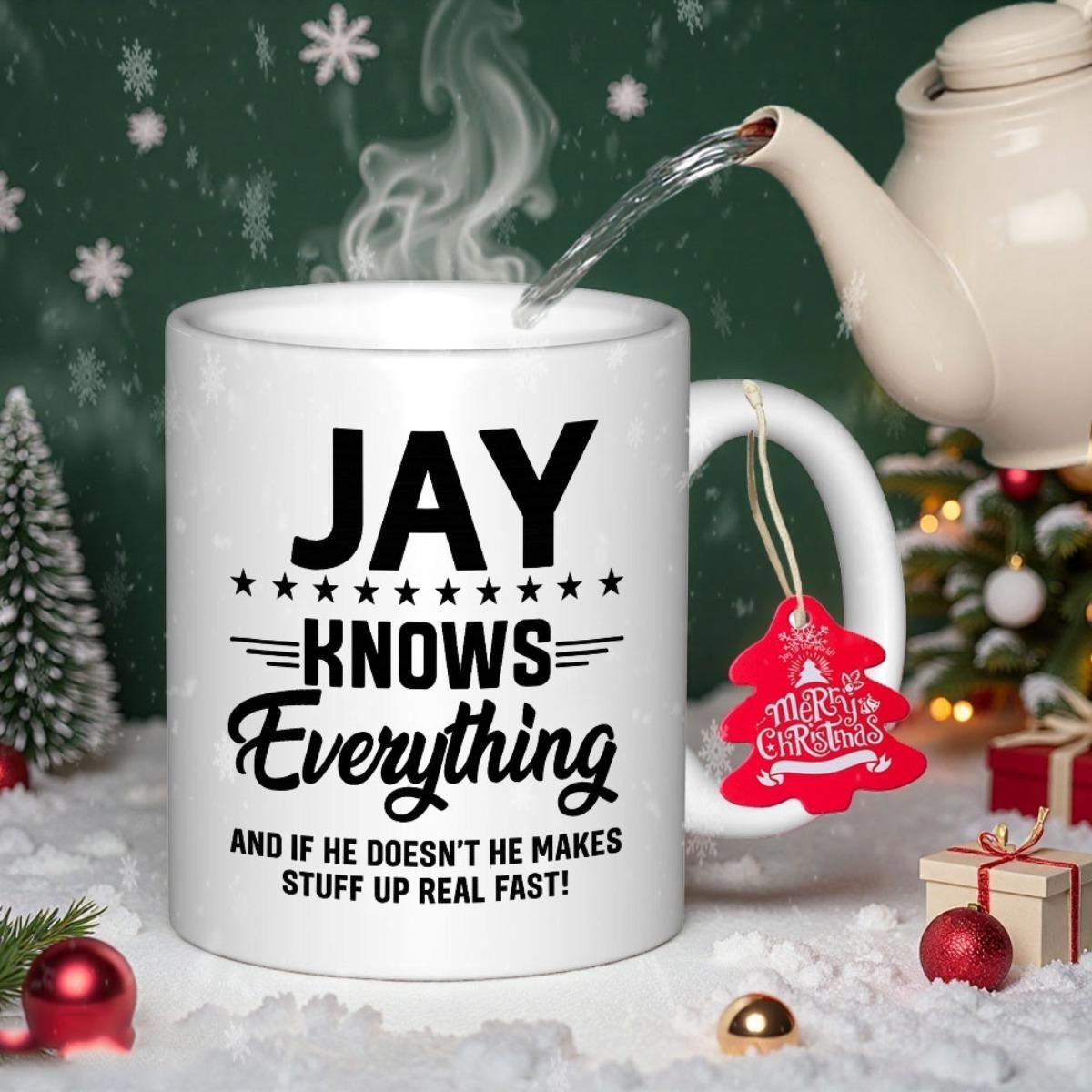 Tailorly White Ceramic 11 oz Mug - Jay Knows Everything And If He Doesnt He Makes Stuff Up Real Fast Minimalist Black Typography Styled With Decorative Stars Set