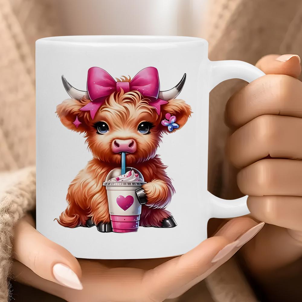 Tailorly White Ceramic 11 oz Mug - Adorable Fluffy Baby Highland Cow Wearing Pink Bow Drinking Sweet Milkshake Cow