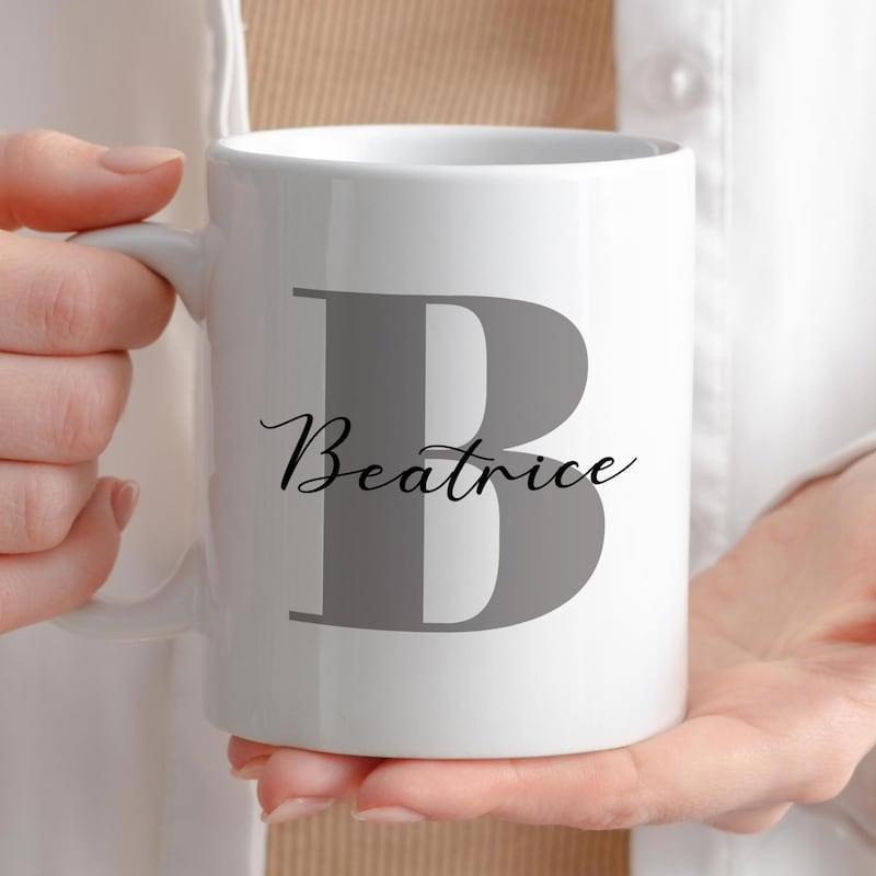 Tailorly White Ceramic 11 oz Mug - Beatrice Grey Initial Capital Letter B Overlaid With Elegant Cursive Script Mug
