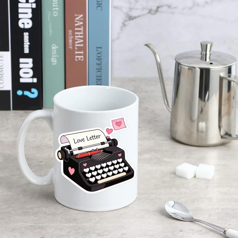 Tailorly White Ceramic 11 oz Mug - Love Letter Vintage Style Black Machine With Heart Keys And Floating Pink Hearts Typewriter