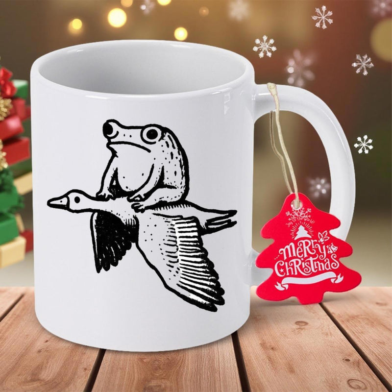Tailorly White Ceramic 11 oz Mug - Merry Christmas Minimalist Black Line Art Drawing Of A Cute Frog Riding A Flying Goose