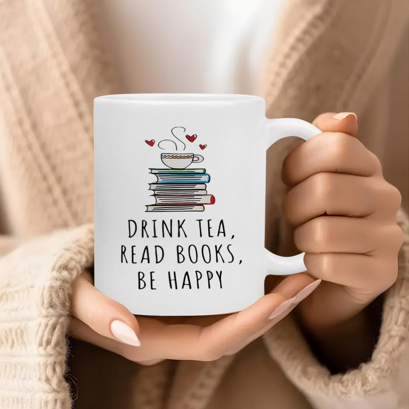 Tailorly White Ceramic 11 oz Mug - Drink Tea Read Books Be Happy Stacked Colorful Literature Beneath Steaming Porcelain Teacup And Tiny Hearts Books