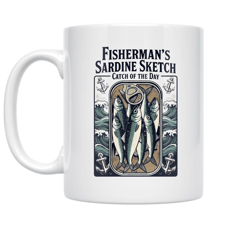 Tailorly White Ceramic 11 oz Mug - Fishermans Sardine Sketch Catch Of The Day Vintage Nautical Illustration Featuring Several Fresh Sardines Inside Ocean Waves And