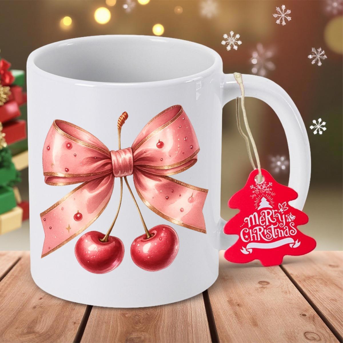 Tailorly White Ceramic 11 oz Mug - Elegant Pink Ribbon Bow Tied To Vibrant Red Ripe Fruit Cherries