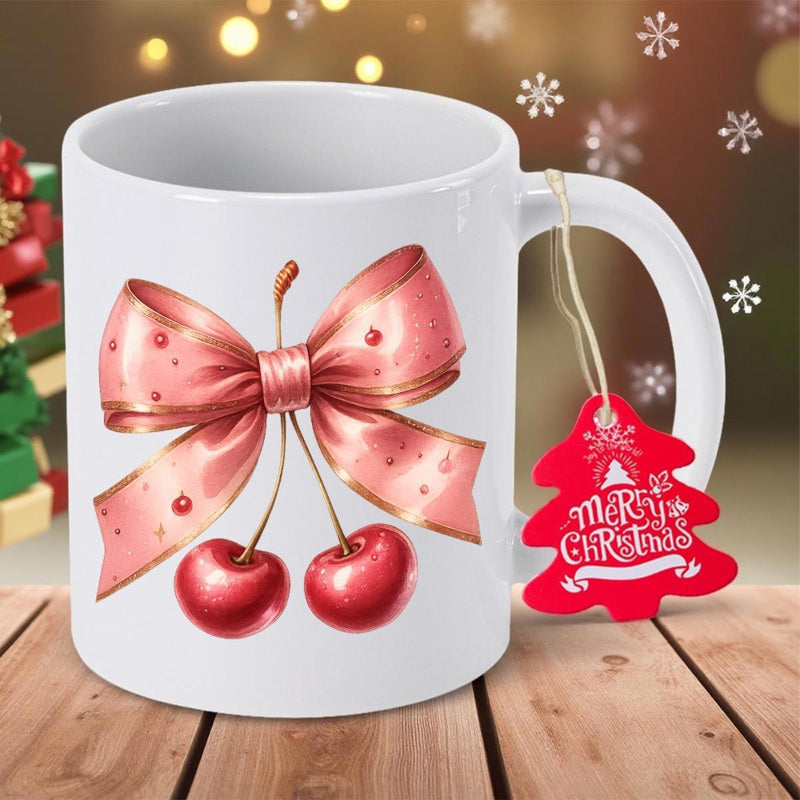 Tailorly White Ceramic 11 oz Mug - Elegant Pink Ribbon Bow Tied To Vibrant Red Ripe Fruit Cherries