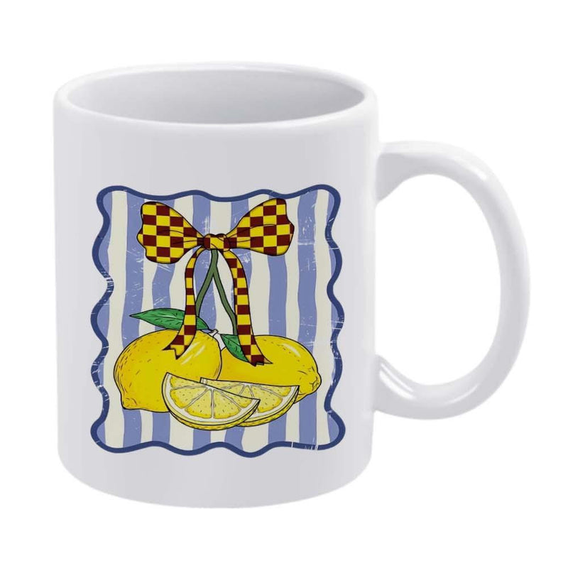 Tailorly White Ceramic 11 oz Mug - Vintage Style Citrus Fruit With Checkered Bow Over Blue Striped Background Lemon