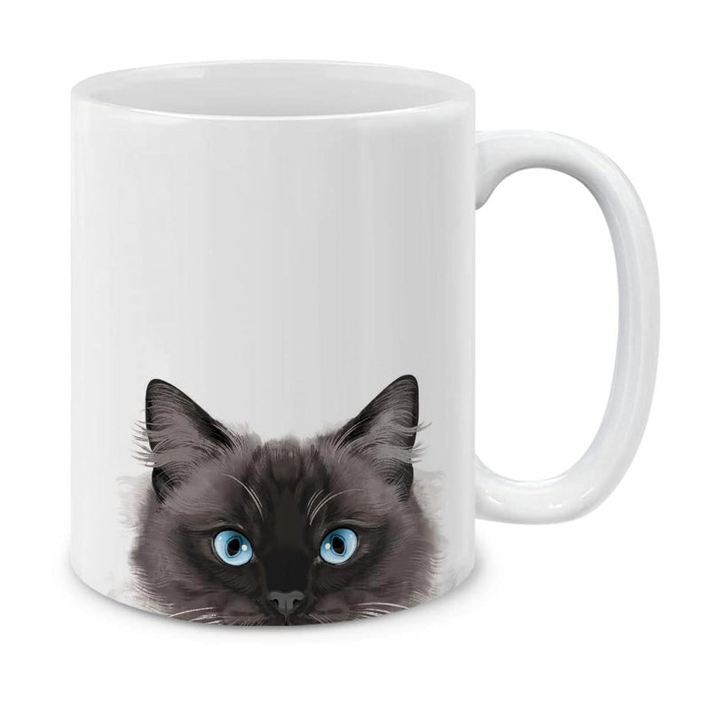 Tailorly White Ceramic 11 oz Mug - Fluffy Dark Fur Peeking Gently Over The Edge With Bright Blue Eyes Cat