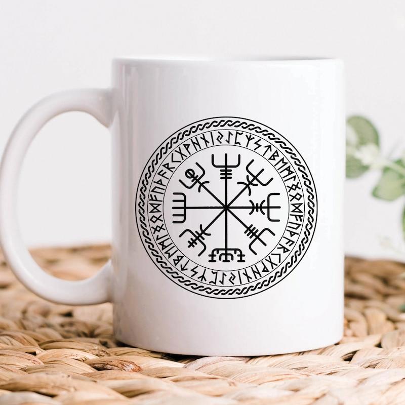 Tailorly White Ceramic 11 oz Mug - Ancient Nordic Vegvisir Symbol Surrounded By Circular Sacred Elder Futhark Runes Compass