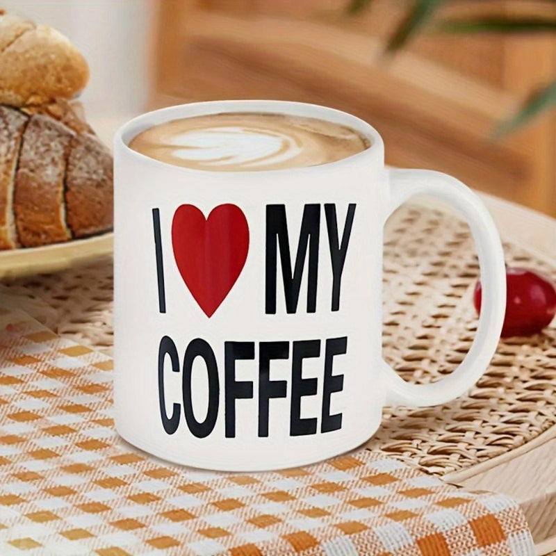 Tailorly White Ceramic 11 oz Mug - I Love My Coffee Minimalist Black Text Featuring A Red Centered Heart
