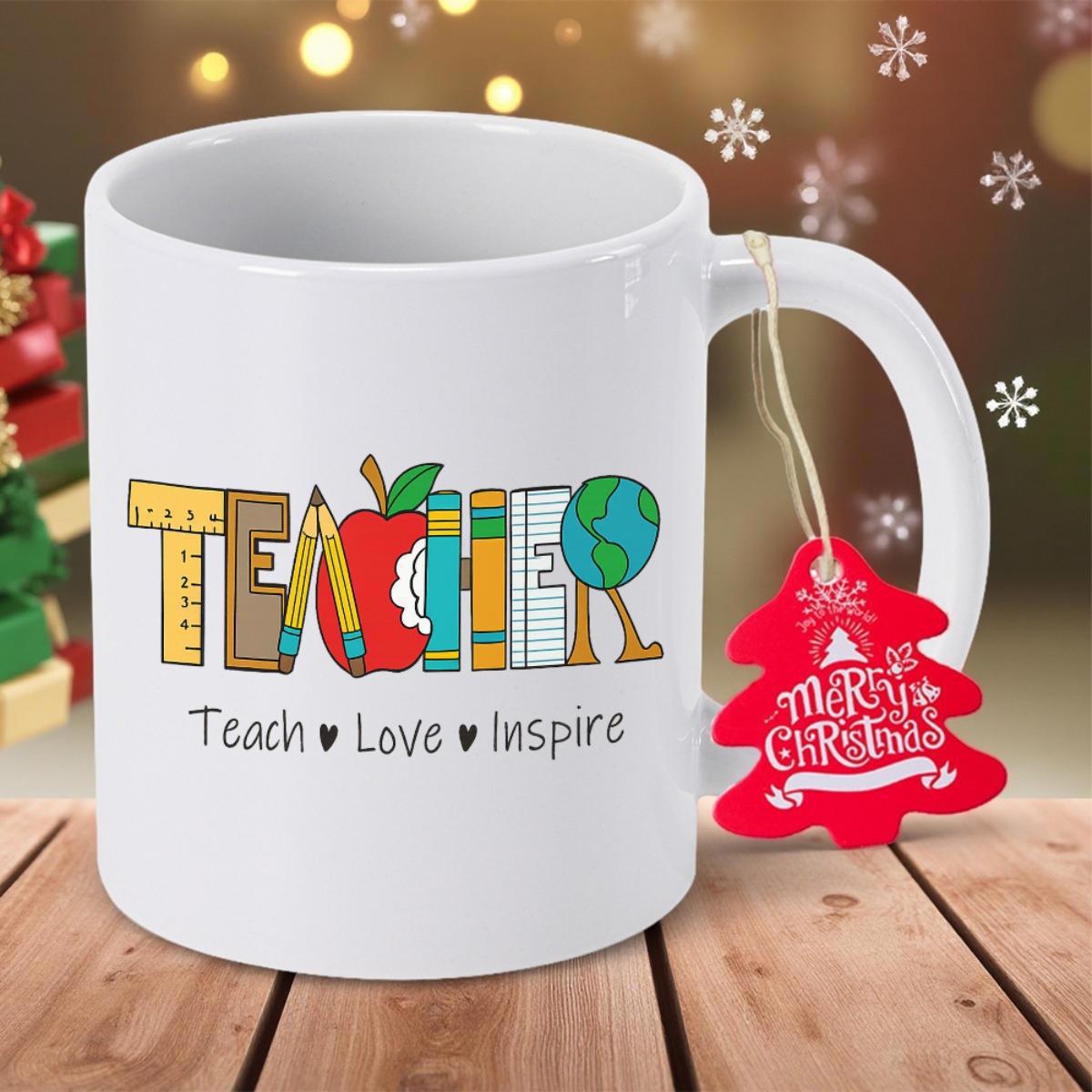 Tailorly White Ceramic 11 oz Mug - Teach Love Inspire Teacher Colorful School Supplies Featuring Ruler Pencil Apple Books And Globe Teacher