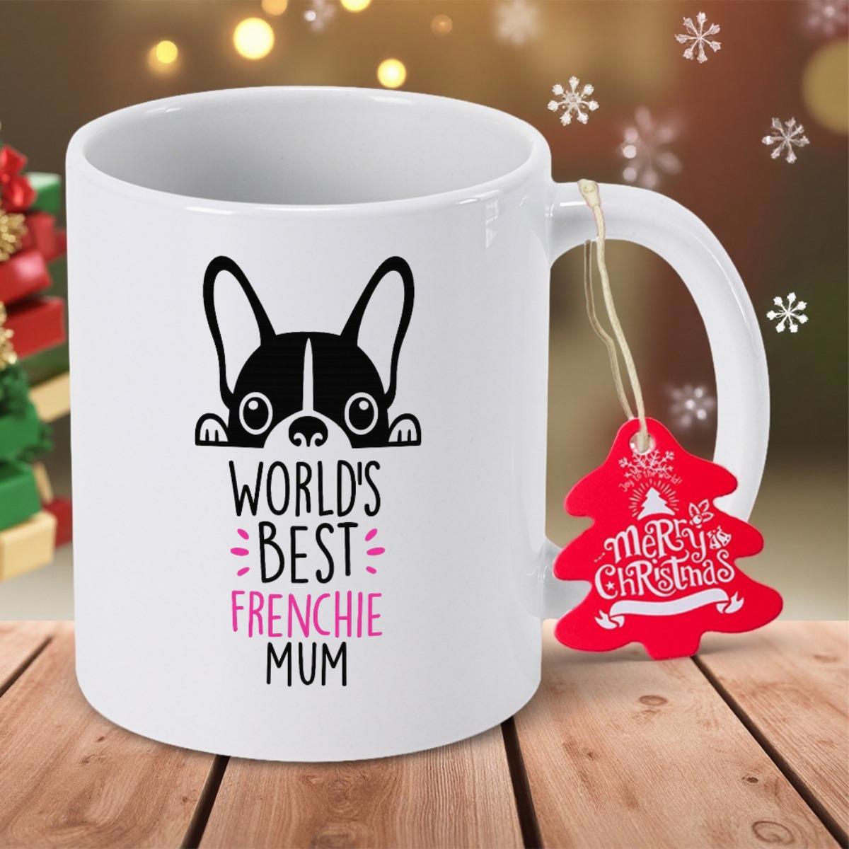 Tailorly White Ceramic 11 oz Mug - Worlds Best Frenchie Mum Minimalist Line Art Peeking Dog Peering Over Edge With Large Ears Frenchie