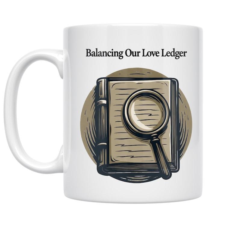 Tailorly White Ceramic 11 oz Mug - Balancing Our Love Ledger Classic Magnifying Glass Resting On An Old Financial Journal Ledger