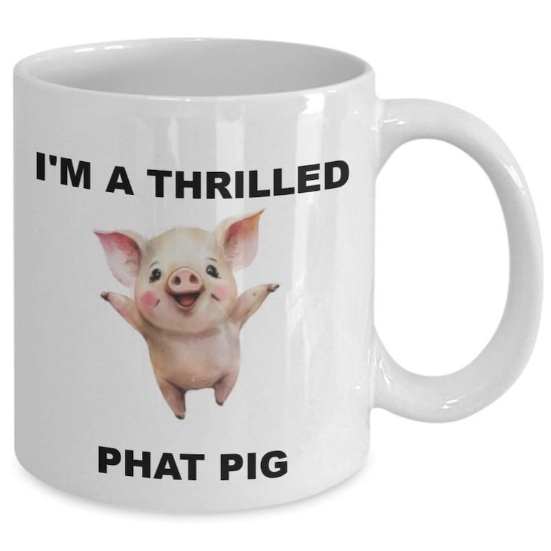Tailorly White Ceramic 11 oz Mug - Im A Thrillled Phat Pig Smiling Tiny Pink Animal Jumping With Pure Joy Under Clear Background Pig