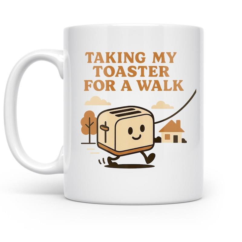 Tailorly White Ceramic 11 oz Mug - Taking My Toaster For A Walk Cute Cartoon Character Strolling Outdoors With A Leash And Background Elements Toaster
