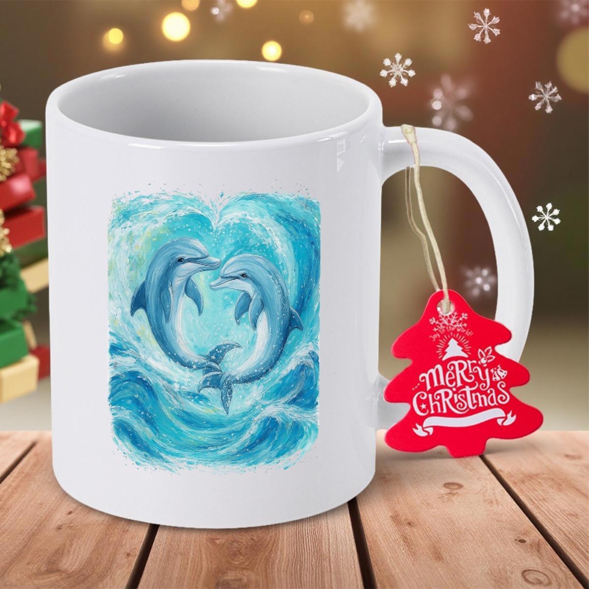 Tailorly White Ceramic 11 oz Mug - Merry Christmas Graceful Blue Sea Creatures Leaping Within Swirling Azure Ocean Waves Under Sunlight Dolphin