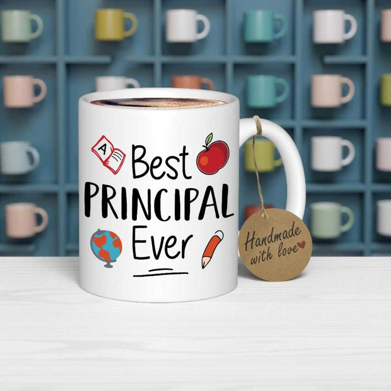 Tailorly White Ceramic 11 oz Mug - Best Principal Ever Hand Drawn Education Icons Featuring Red Apple Globe And Pencil Principal