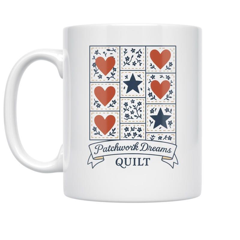 Tailorly White Ceramic 11 oz Mug - Patchwork Dreams Quilt Traditional Grid Pattern With Red Hearts And Navy Stars Quilt