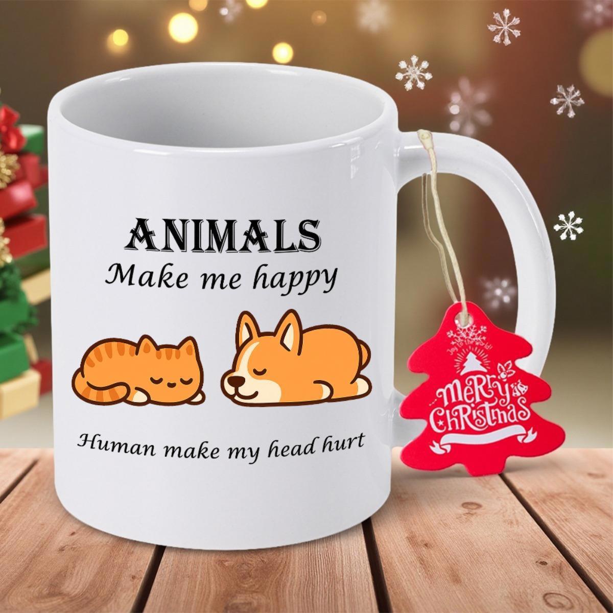 Tailorly White Ceramic 11 oz Mug - Animals Make Me Happy Human Make My Head Hurt Adorable Sleeping Orange Cat And Dog Resting Peacefully Together Mug