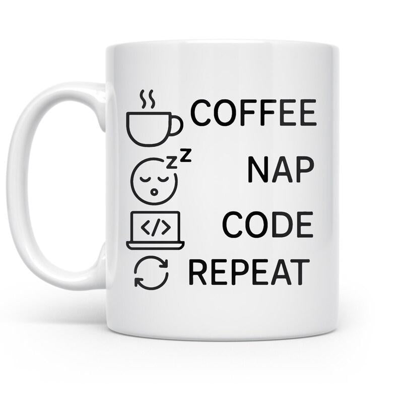 Tailorly White Ceramic 11 oz Mug - Coffee Nap Code Repeat Minimalist Line Art Icons Representing Daily Programmer Workflow Mug