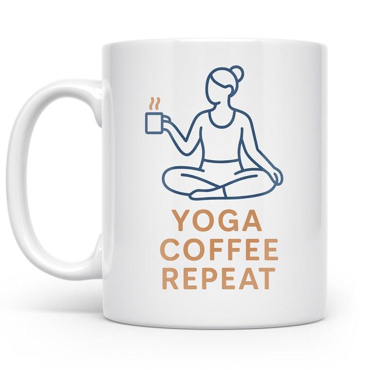 Tailorly White Ceramic 11 oz Mug - Yoga Coffee Repeat Minimalist Line Art Silhouette In Calm Zen Pose Holding Steaming Cup Woman