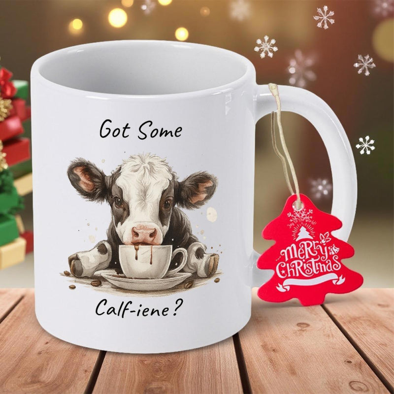 Tailorly White Ceramic 11 oz Mug - Got Some Calf iene Adorable Spotted Furry Creature Drinking Warm Coffee Inside Small White Ceramic Cup Calf