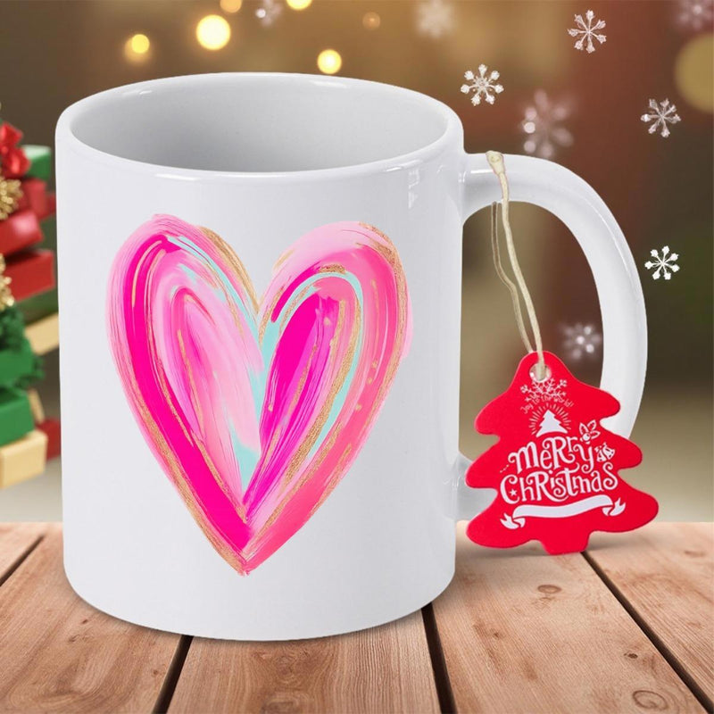 Tailorly White Ceramic 11 oz Mug - Merry Christmas Artistic Brushstroke Style With Vibrant Pink And Purple Tones Painted Heart