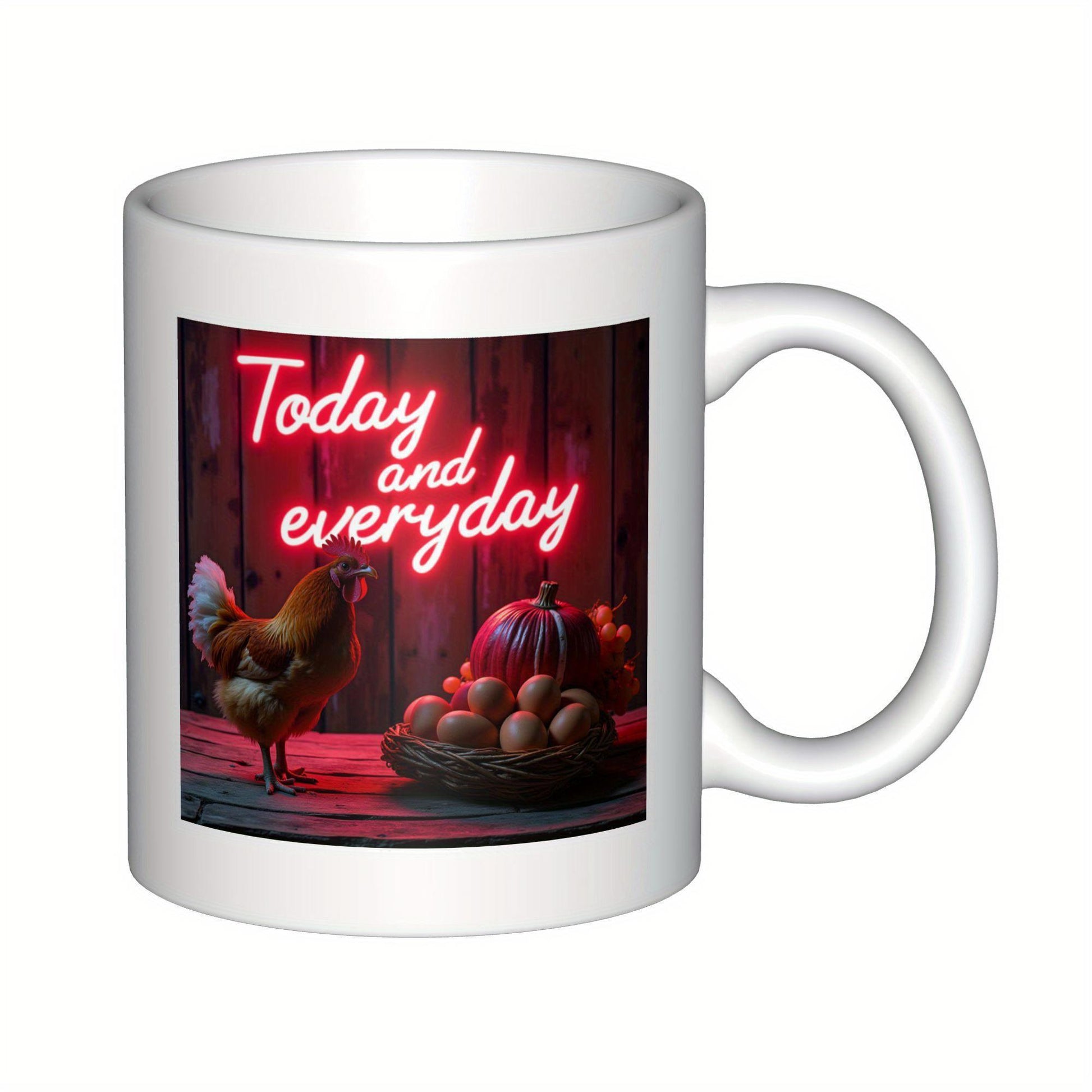 Tailorly White Ceramic 11 oz Mug - Today And Everyday Rustic Farm Morning Atmosphere With Red Rooster And Eggs Nest Chicken