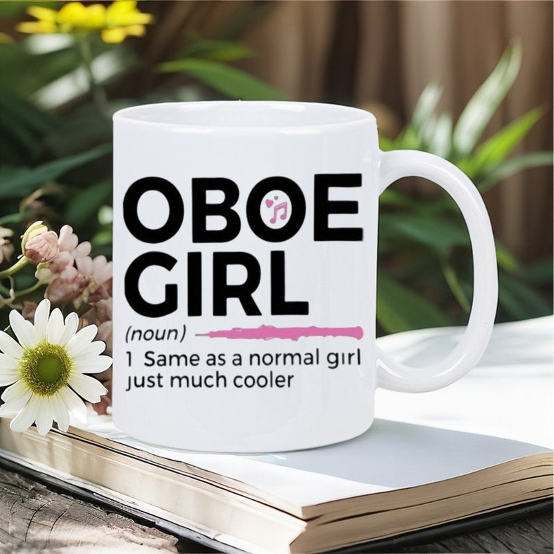 Tailorly White Ceramic 11 oz Mug - Oboe Girl Same As A Normal Girl Just Much Cooler Minimalist Pink Musical Instrument Silhouette With Artistic Flowing Music Note