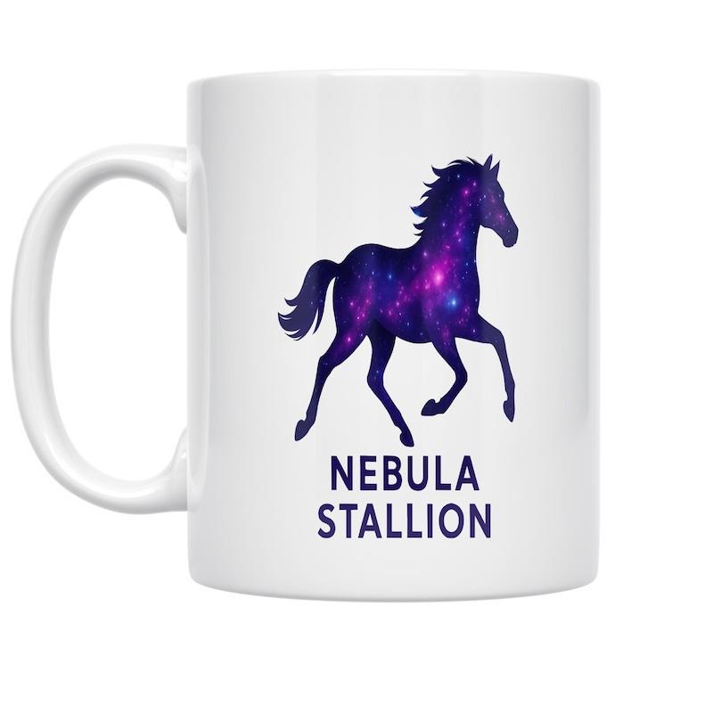 Tailorly White Ceramic 11 oz Mug - Nebula Stallion Majestic Purple Cosmic Galaxy Texture Within A Running Silhouette Horse