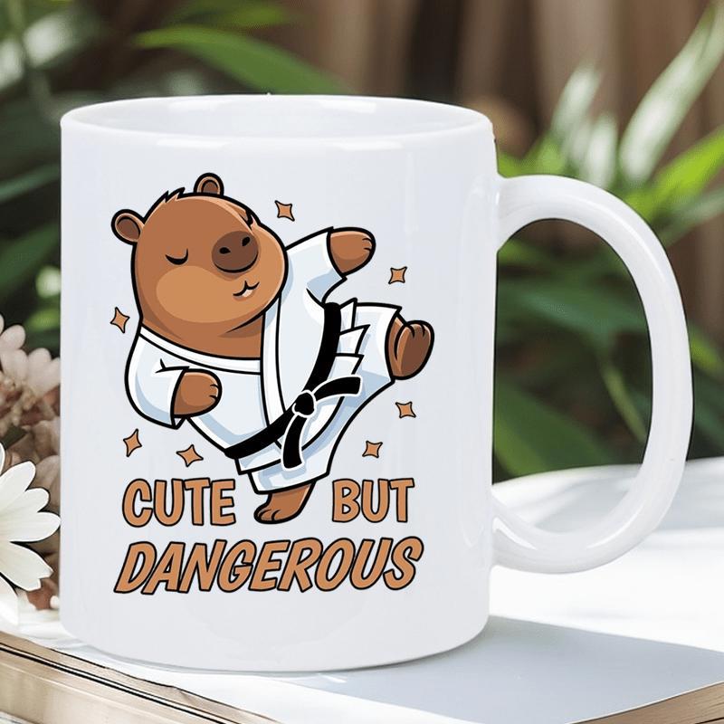 Tailorly White Ceramic 11 oz Mug - Cute But Dangerous Adorable Brown Capybara Wearing White Karate Uniform Performing High Flying Kick Capybara