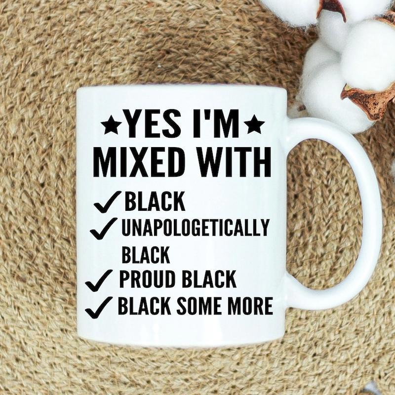 Tailorly White Ceramic 11 oz Mug - Yes I'm Mixed With Black Bold Typography Featuring Checklist Style Symbols Stars And Checkmarks Checklist