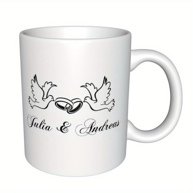 Tailorly White Ceramic 11 oz Mug - Julia Andreas Two Flying Doves Carrying Interlocked Wedding Rings Symbolizing Eternal Love Dove
