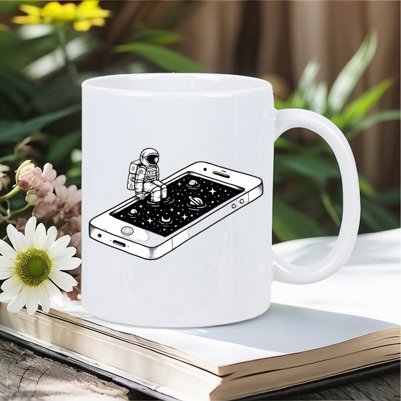Tailorly White Ceramic 11 oz Mug - Brave Tiny Astronaut Sitting On Smartphone Viewing Cosmic Galaxy Astronaut