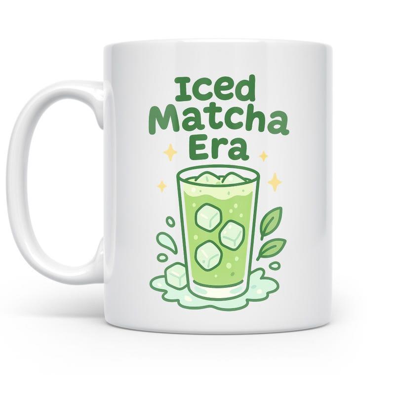 Tailorly White Ceramic 11 oz Mug - Iced Matcha Era Refreshing Cold Green Tea With Cubes And Tea Leaves Drink