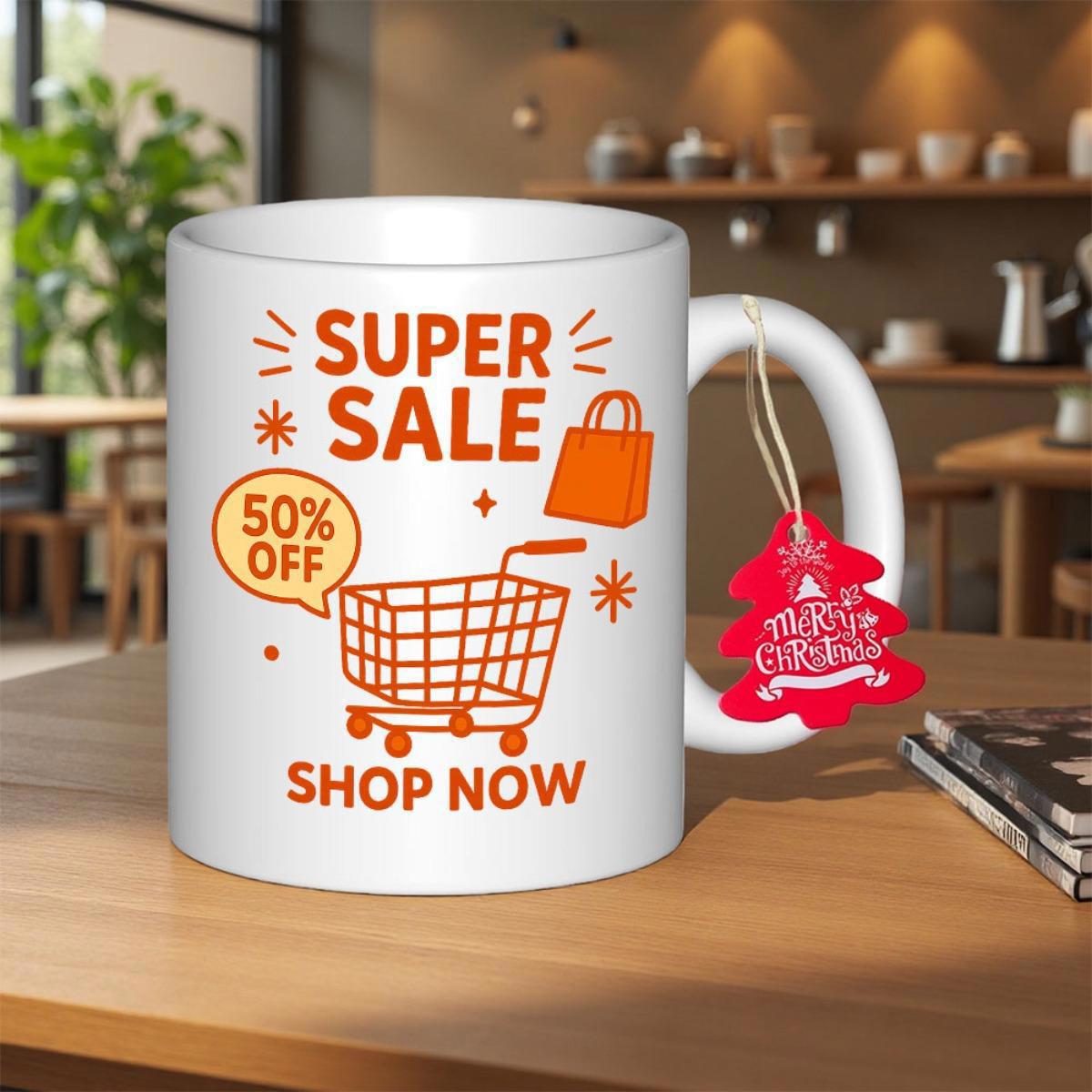 Tailorly White Ceramic 11 oz Mug - Super Sale Shop Now Vibrant Icons Featuring A Cart And Bag Under Sparkling Accents Shopping Cart