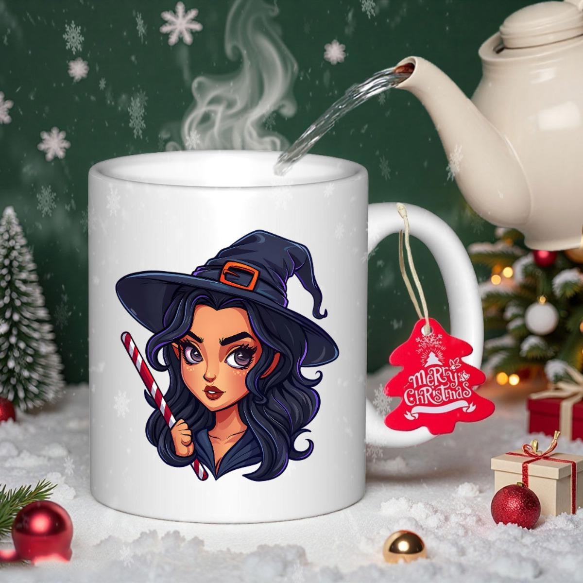 Tailorly White Ceramic 11 oz Mug - Merry Christmas Beautiful Cartoon Witch Wearing Purple Hat Holding Red Candy Cane Witch