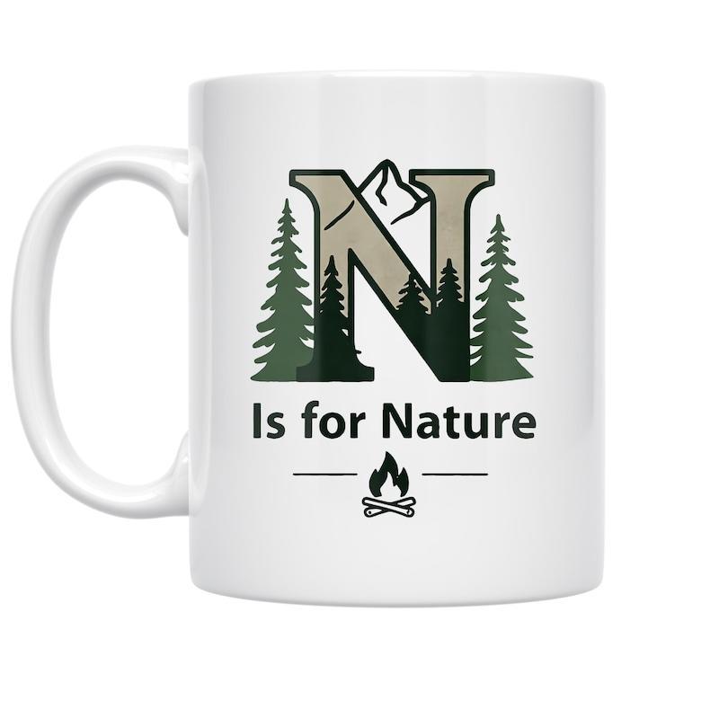 Tailorly White Ceramic 11 oz Mug - Is For Nature Rustic Pine Trees And Rugged Mountains Set Inside A Bold Letter Nature