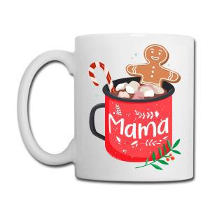 Tailorly White Ceramic 11 oz Mug - Mama Happy Smiling Festive Cookie Resting Inside Sweet Cocoa Cup With Marshmallows Gingerbread Man