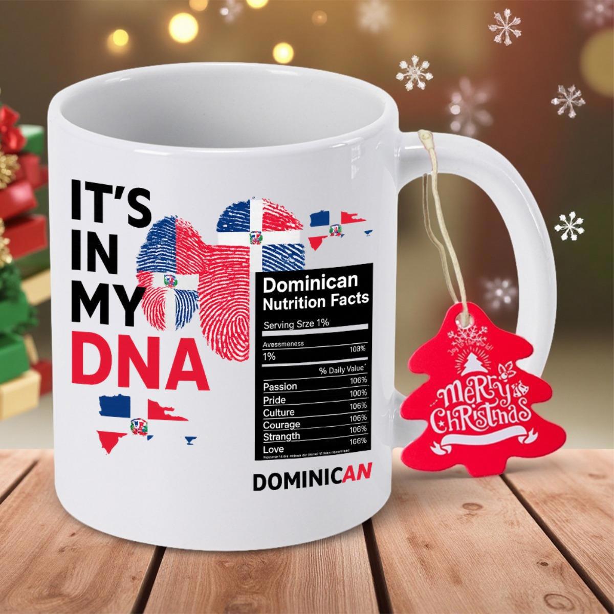 Tailorly White Ceramic 11 oz Mug - It Is In My DNA Dominican Nutrition Facts Merry Christmas Patriotic Flag Pattern With Fingerprint And Nutrition Label Design On