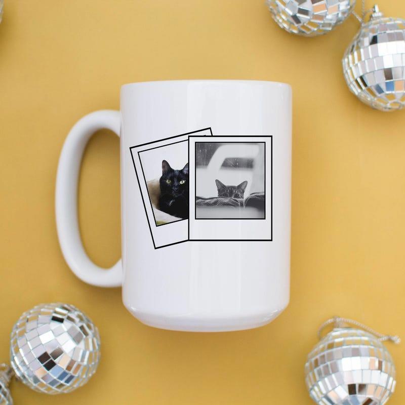 Tailorly White Ceramic 11 oz Mug - Vintage Style Polaroid Frames Featuring Two Adorable Monochrome Peeking Kittens Cat