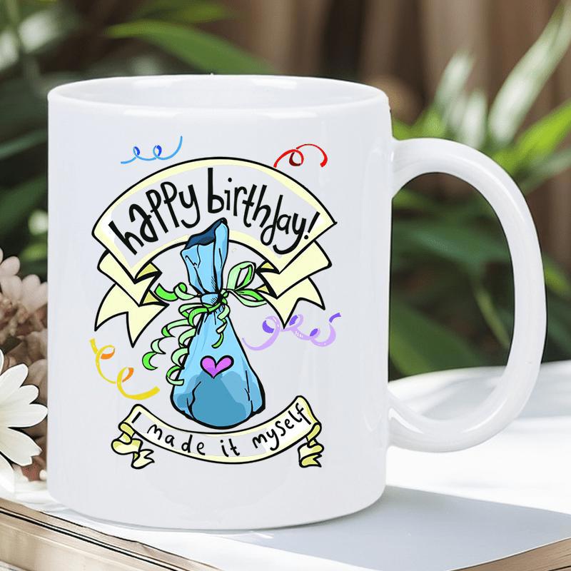 Tailorly White Ceramic 11 oz Mug - Happy Birthday I Made It Myself Festive Blue Wrapped Gift Bag With Colorful Confetti Gift