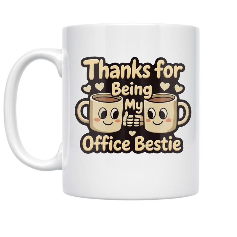 Tailorly White Ceramic 11 oz Mug - Thanks For Being My Office Bestie Charming Cartoon Coffee Cups Bumping Hands Among Tiny Floating Hearts Mug