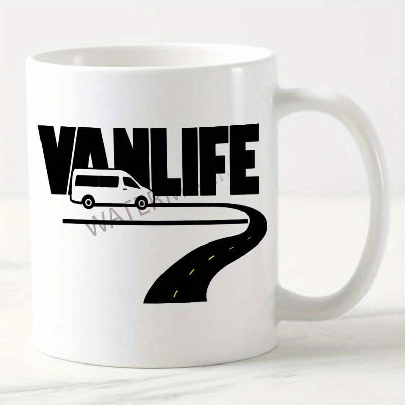 Tailorly White Ceramic 11 oz Mug - Vanlife Traveling Along A Winding Road With A Classic White Camper Van