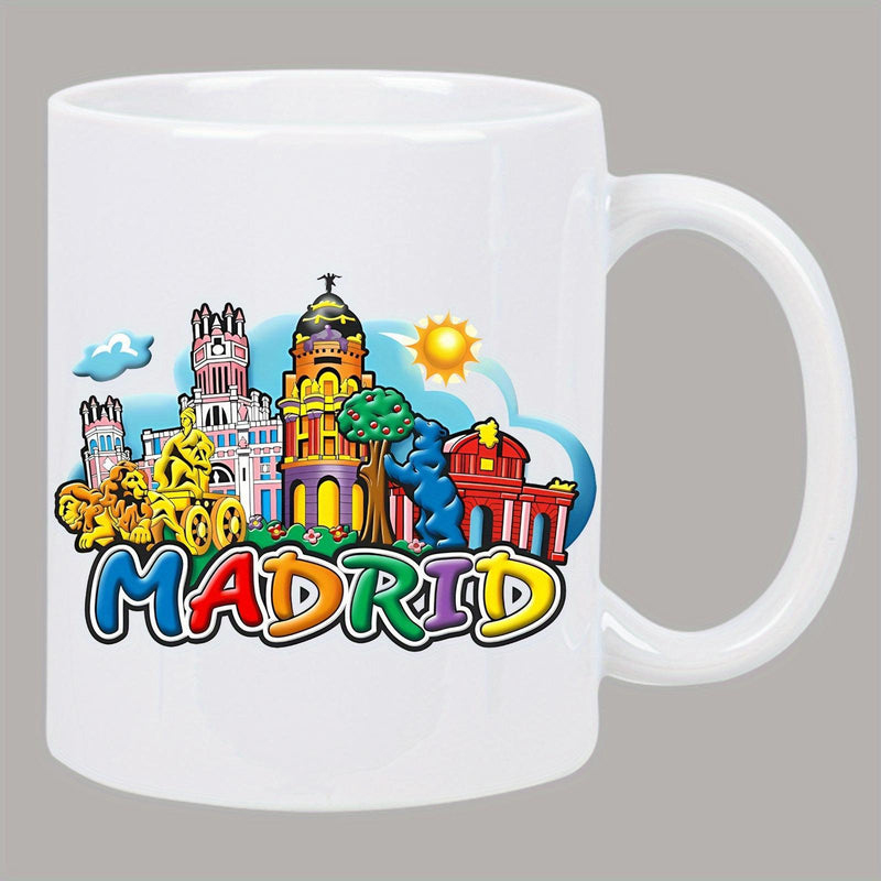 Tailorly White Ceramic 11 oz Mug - Madrid Colorful Stylized City Landmarks Shining Under A Bright Yellow Sun Skyline